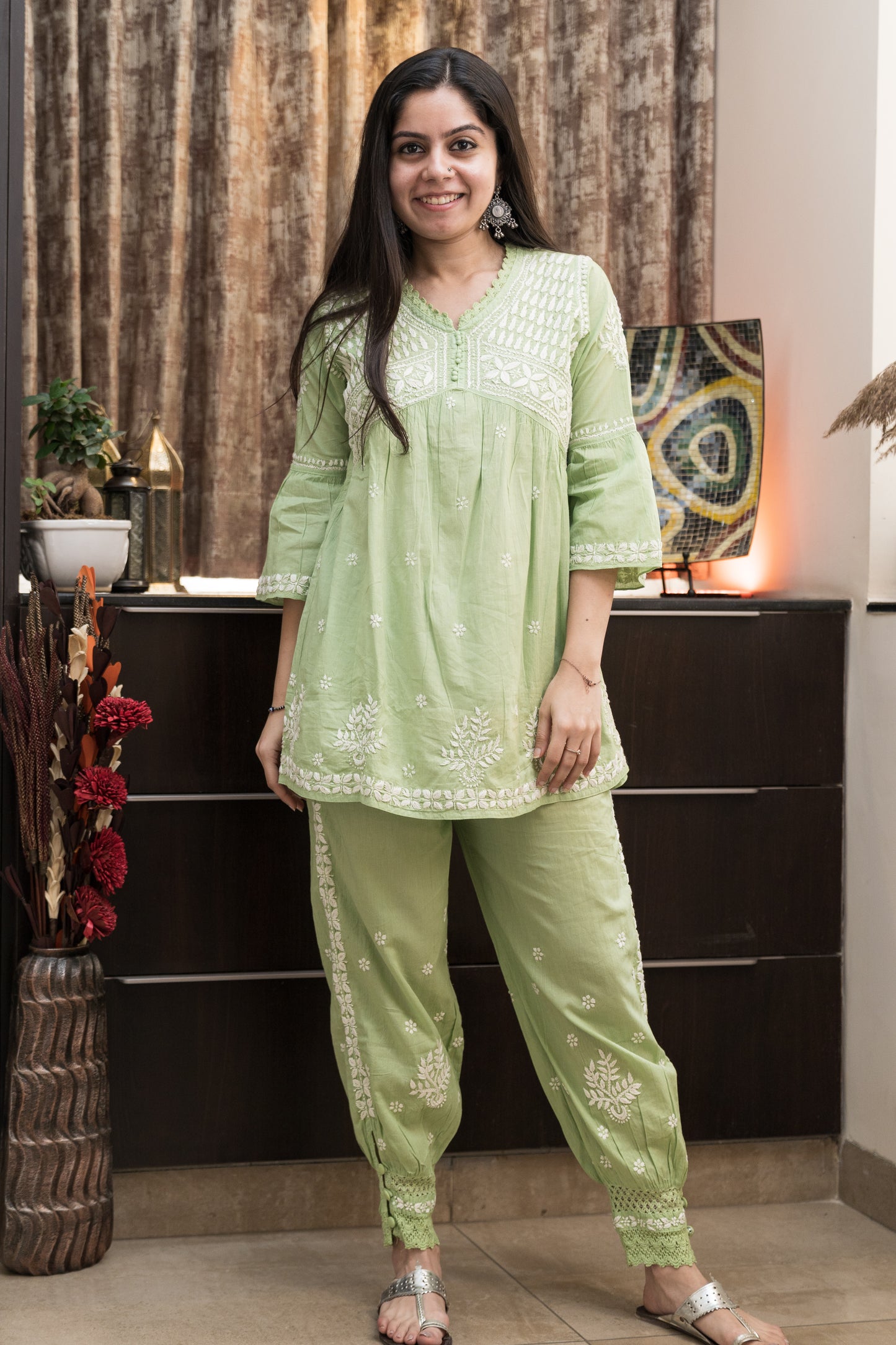 Pure Cotton Afghani Co-ord Set - Green