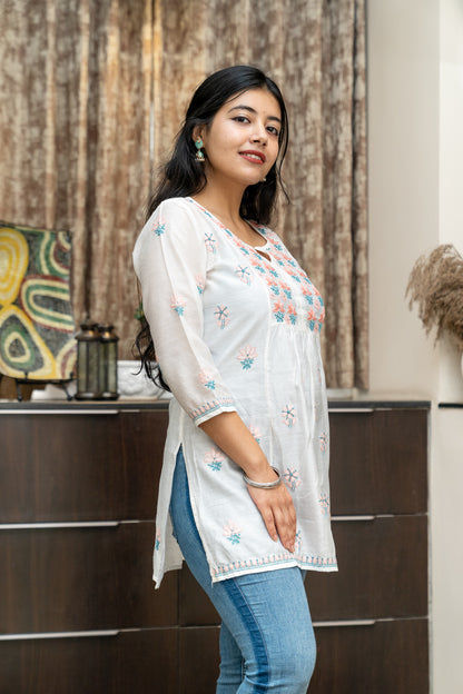 Chanderi Short Kurta - Peach & Turquoise Embroidery