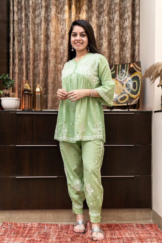 Pure Cotton Afghani Co-ord Set - Green